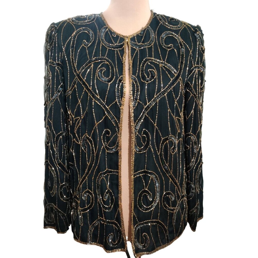 Vintage JMC Womens Petite Evening Jacket Beaded Cocktail Silk Black Gold Sz PL L